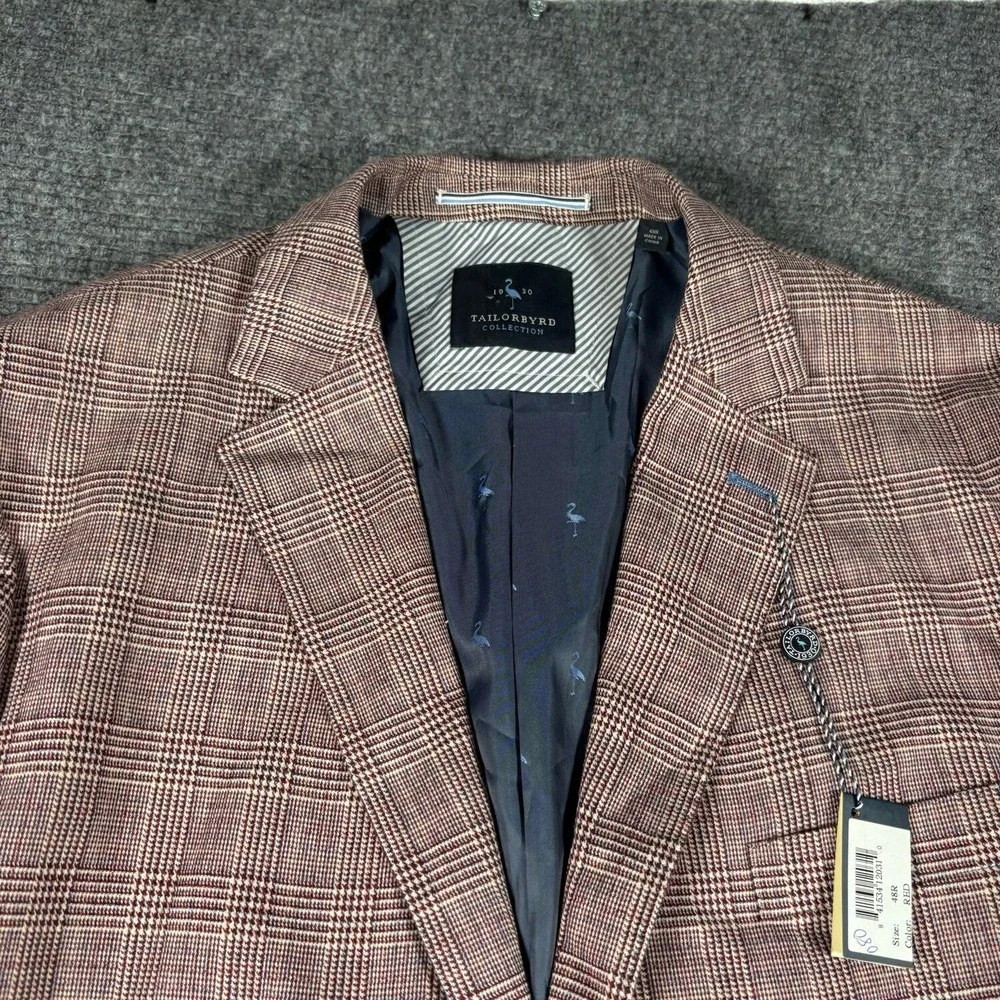 Tailorbyrd Sport Coat Mens 48R Red New Plaid Linen Blend Blazer 2 Button 5378